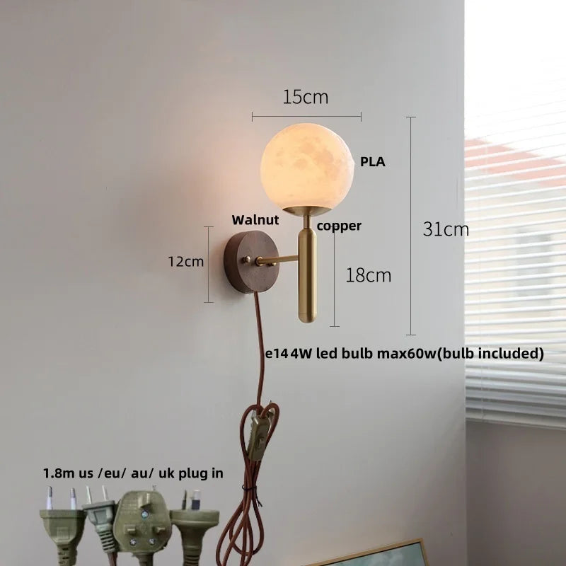 Afralia™ Moon LED Wall Lamp with Pull Chain Switch and Copper Base