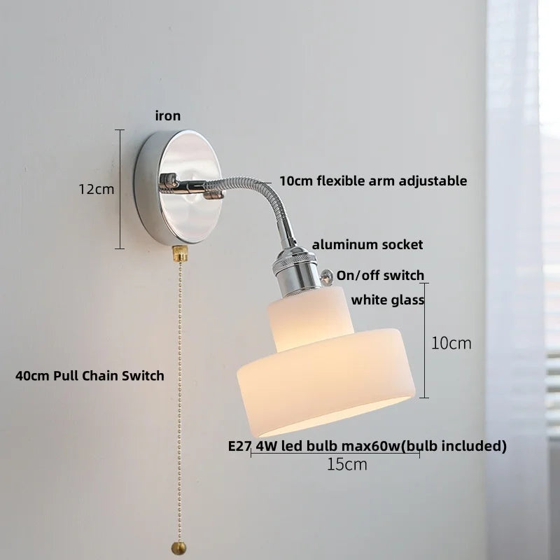 Afralia™ Adjustable Arm LED Wall Light Fixture with Pull Chain Switch, White Glass