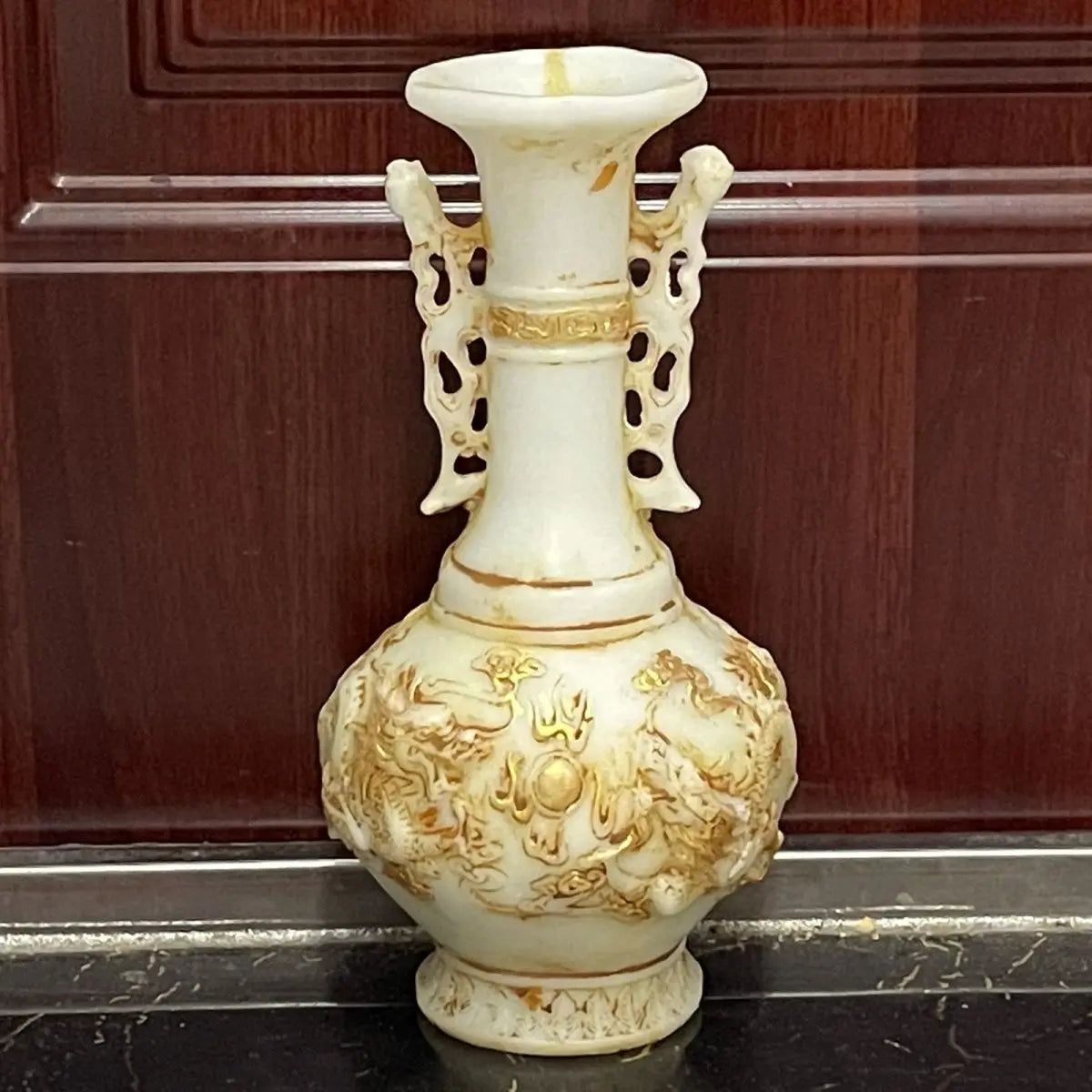 "Afralia™ White Marble Gold Vase with Ming and Qing Antique Jade Dragons"