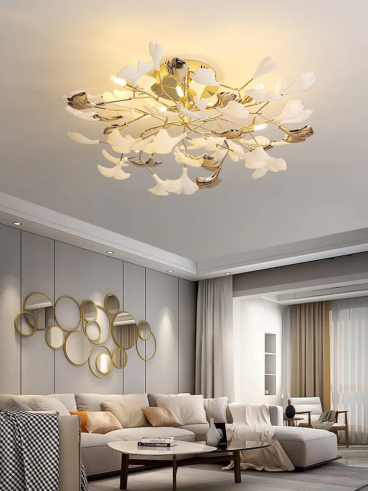 Afralia™ Gold Branches Chandelier with Porcelain Leaves Pendant Light - Luxury Living room Decor