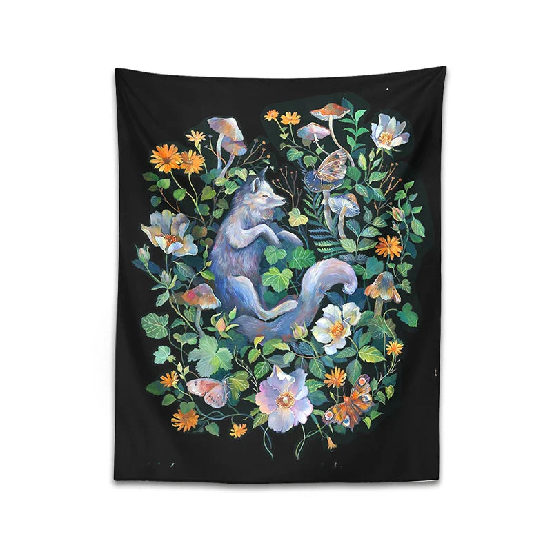 Afralia™ Botanical Floral Garden Tapestry Wall Hanging Fox Wildflower Hippie Psychedelic Home Decor