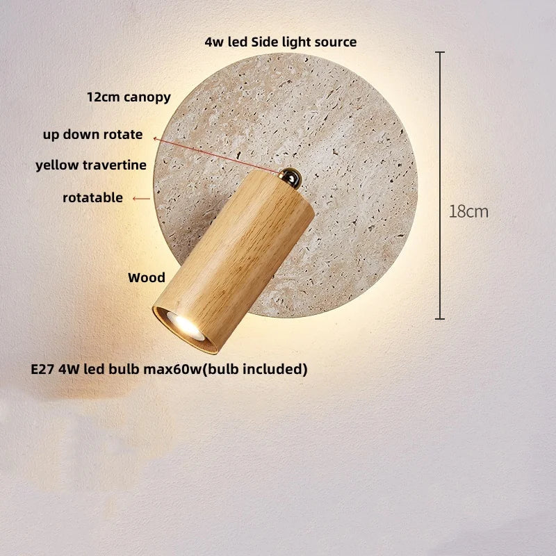 Afralia™ Wood LED Wall Lamp Sconce Pull Chain Yellow Travertine Nordic Modern Rotation