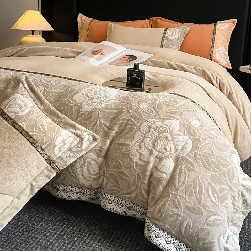 Afralia™ Winter Velvet Flowers Bedding Set: Warm & Cozy 4-Piece Duvet Cover, Bed Sheet, Pillowcases