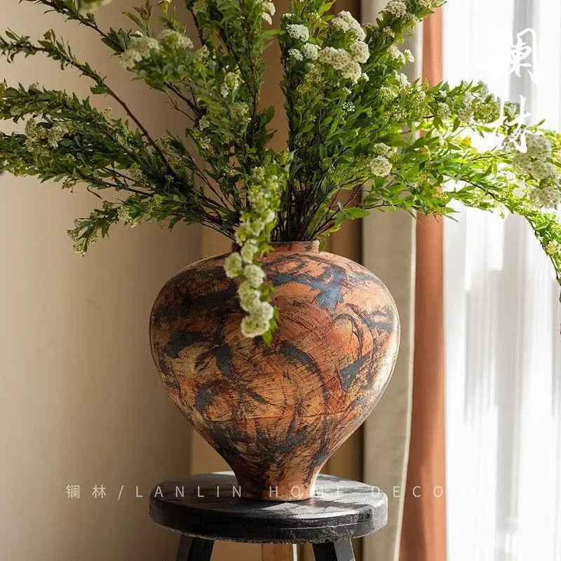 Afralia™ Handmade Ceramic Belly Vase with Floral Ornaments