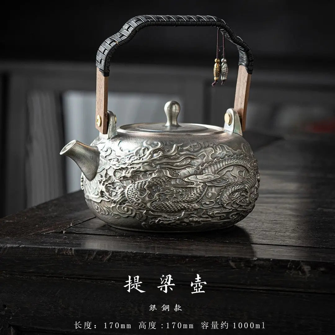 Afralia™ Longteng World Kung Fu Tea Set with Silver Pot, Vintage Year of the Loong Theme.