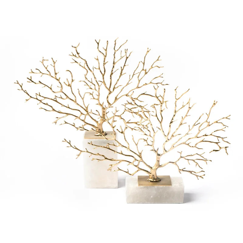 Afralia™ Coral Tree Sculpture: Gold Metal Decorative Figurine on Marble Base