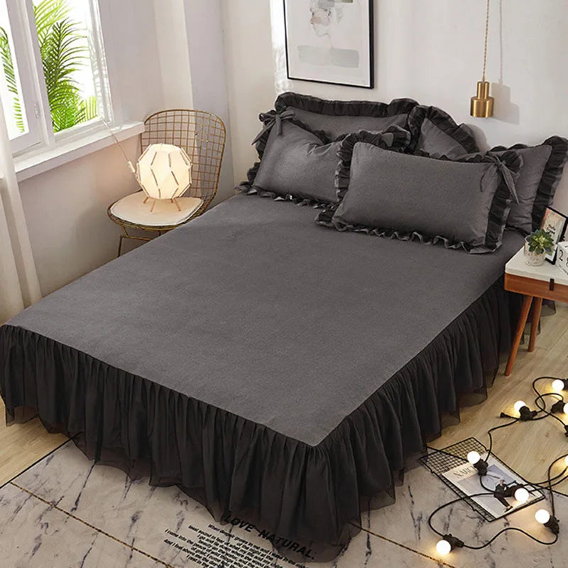 Afralia™ Korean Bed Skirt Set with Ruffled Edges - Solid, Skin-Friendly Bedding Kit