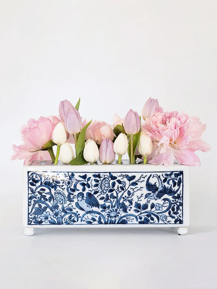Afralia™ Blue White Porcelain Square Flowerpot Vase Chinese Retro Home Decor