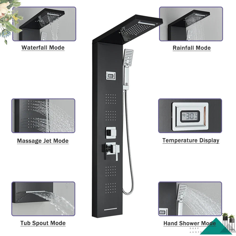 Afralia™ Black Massage Jet Rainfall Shower Panel with Temperature Display 5 Modes