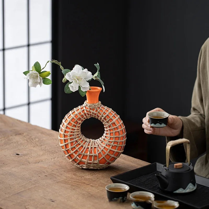Afralia™ Rattan Vase: Geometric Ceramic & Straw Plaited Floral Arrangement Home Decor