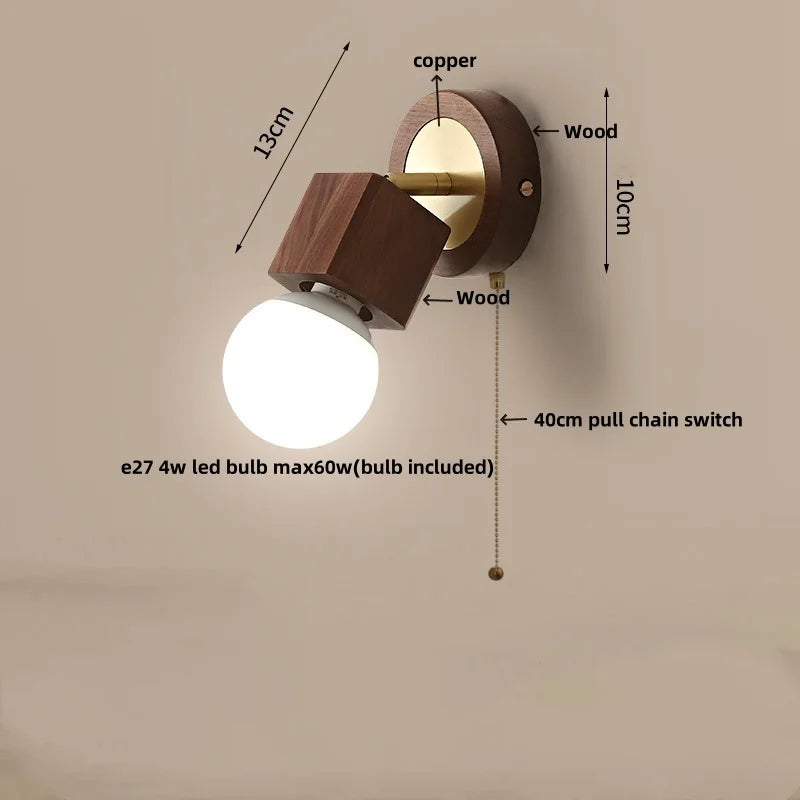 Afralia™ Modern Copper Wood LED Wall Lights with Pull Chain Switch for Bedroom Vanity.