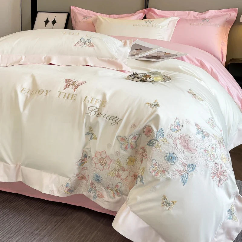 Afralia™ Luxury Butterfly Flowers Embroidery White/Pink Bedding Set
