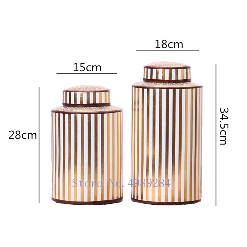 Afralia™ Golden Stripe Ceramics Vase with Cover, Modern Storage Jar for Home Decor