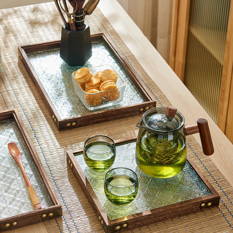 Afralia™ Glass Wood Tea Table Tray, Rectangular Snack Food Fruit Bowl Serving Tray