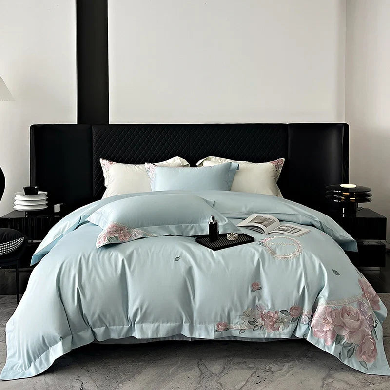 Afralia™ French Flowers Embroidery Luxury Bedding Set in 1000TC Egyptian Cotton