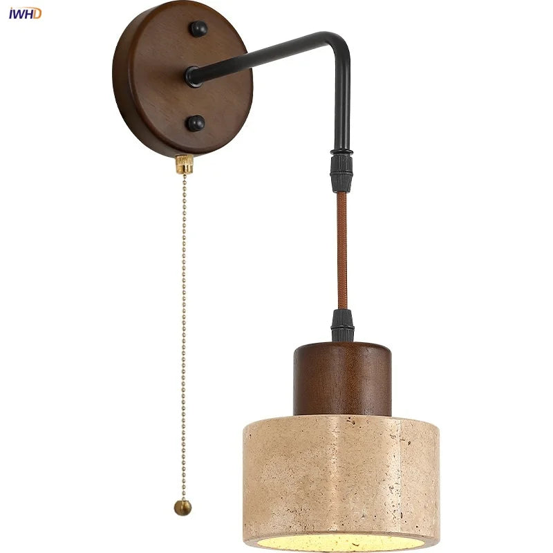 Afralia™ Wood Canopy LED Wall Sconce Yellow Travertine Stone Pull Chain Switch