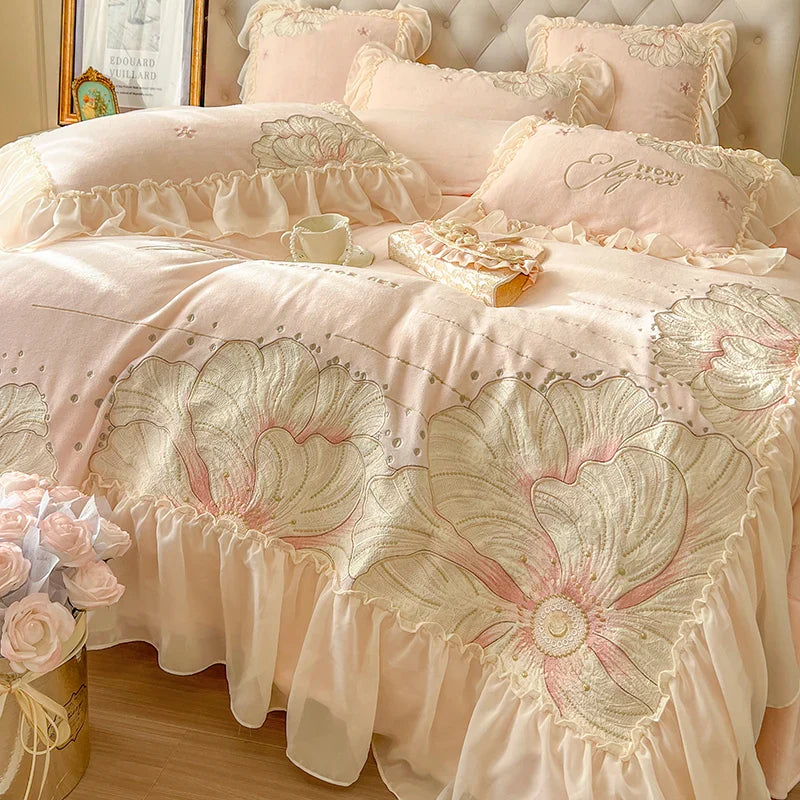 Afralia™ French Princess Wedding Bedding Set, Lace Ruffles, Flowers Embroidery.