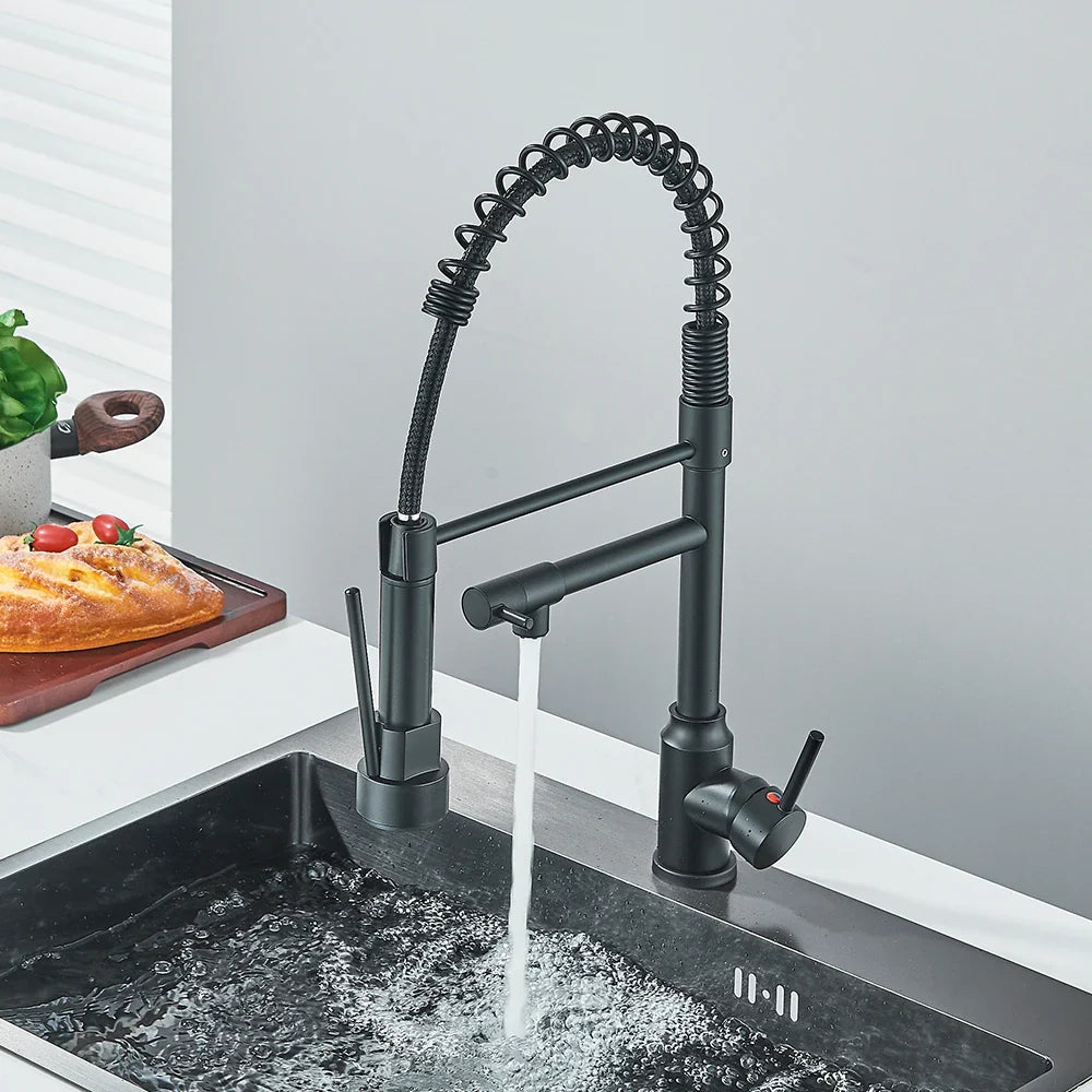 Afralia™ Brass Kitchen Sink Faucet Pull Down Mixer Tap with Dual Spout Rotation
