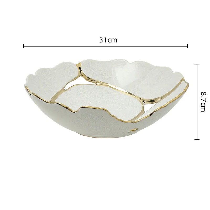 Afralia™ Ceramic Fruit Platter with Golden Crack Design and Wire Tray.