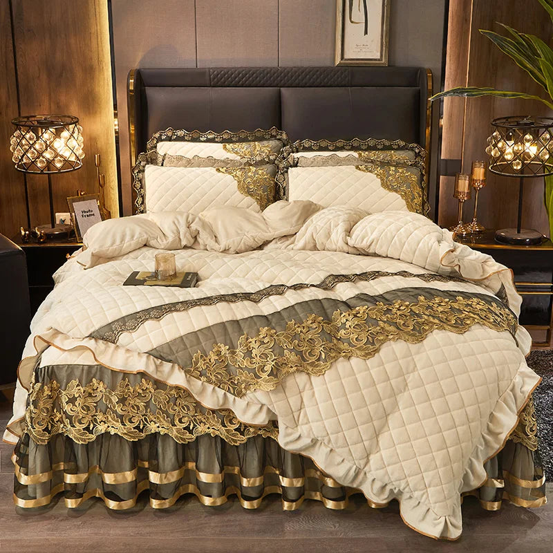 Afralia™ Black Gold Luxury Crystal Velvet Bedding Set with Quilted Embroidery & Ruffles
