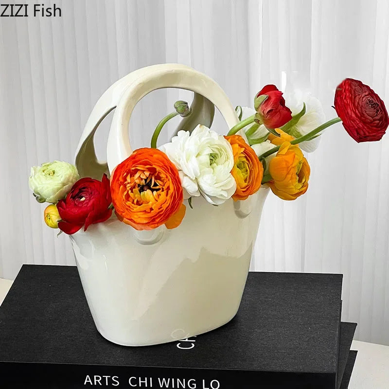 Afralia™ Handbag Ceramic Vase Desk Decoration Artificial Flower Floral Arrangement Aesthetic Decor