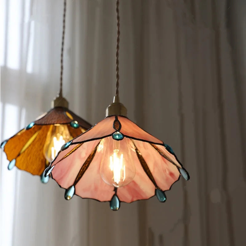 Afralia™ Pink Glass LED Pendant Light Fixture Vintage Style Loft Kitchen Hanging Lamps