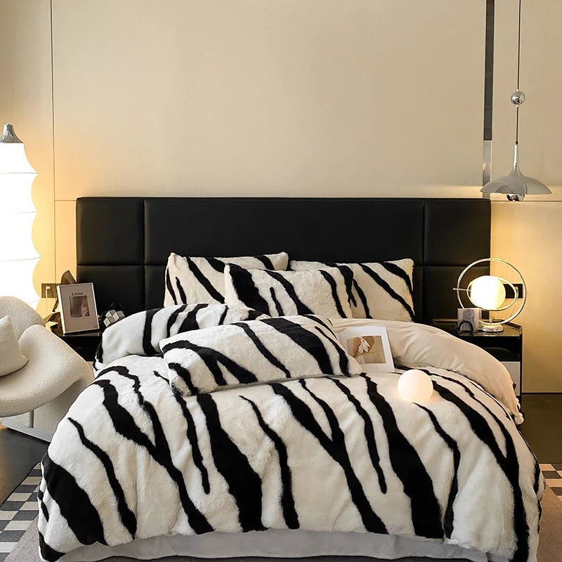 Afralia™ Winter Zebra Print Bedding Set: Thick Milk Velvet, Soft & Warm bed sheet, duvet cover, pillowcase