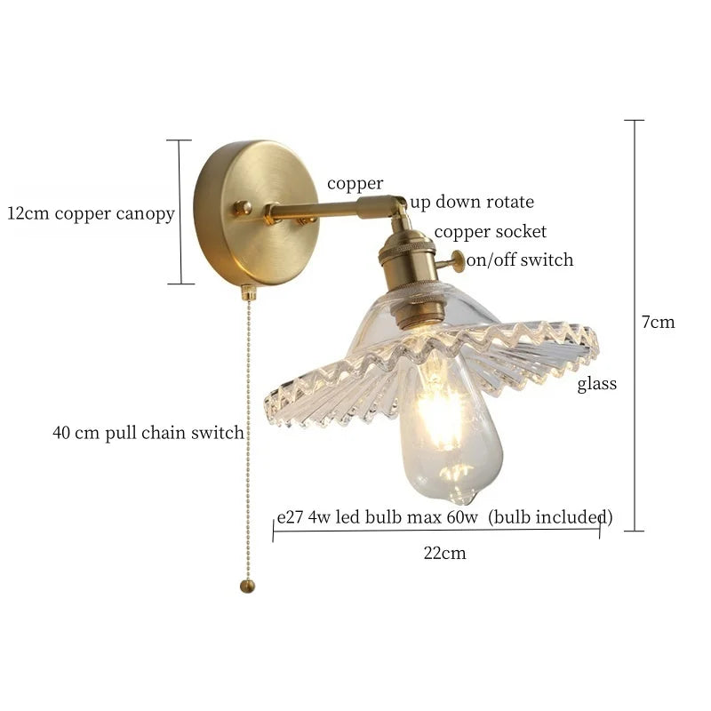 Afralia™ Clear Brass Glass LED Wall Lamp Pull Chain for Living Room Bedroom Loft