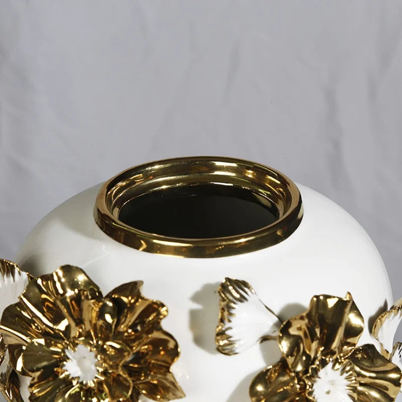 Afralia™ Floral Relief Ceramic Storage Jar - Golden Pot Vase