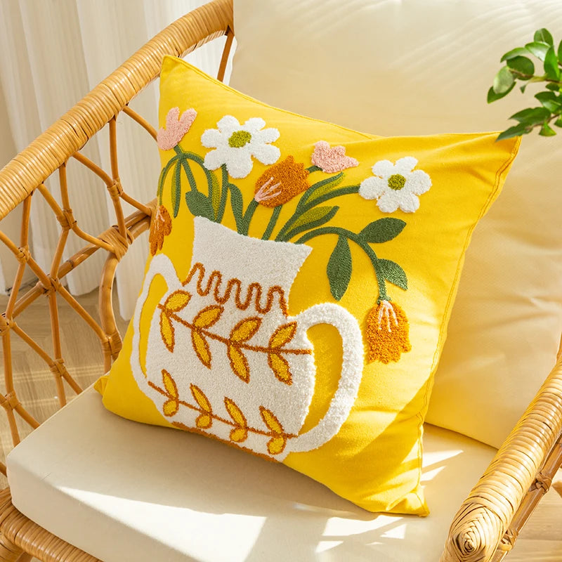 Afralia™ Elegant Yellow Vase Flower Cushion Cover - 45x45cm