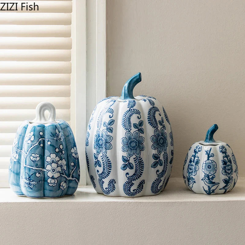 Afralia™ Blue White Porcelain Pumpkin Vase Desk Decoration Artificial Flowers Bouquet