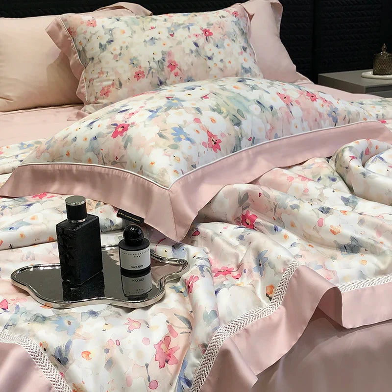 Afralia™ Lyocell Fiber Flowers Summer Quilt Bedding Set - Soft & Silky Comforter with Bed Sheet