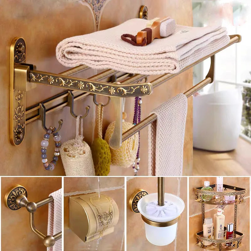 Afralia™ Antique Bathroom Shelf Towel Rack Set with Bath Hardware & Toilet Brush Holder