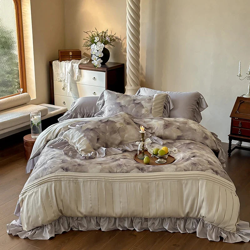 Afralia™ Romantic Rose Organza Lace Ruffles Bedding Set with Soft Silky Feel