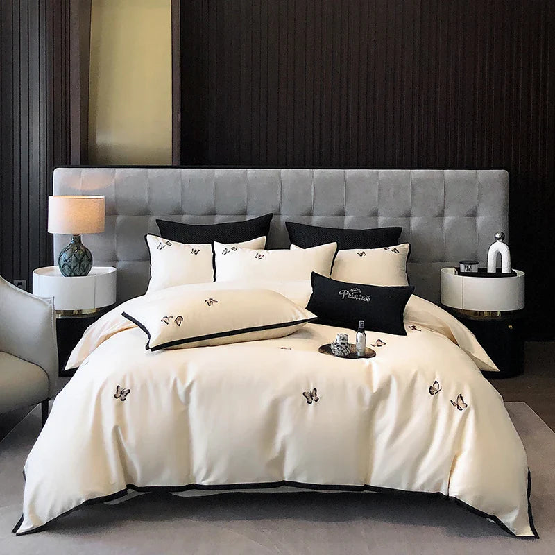 Afralia™ 600TC Egyptian Cotton Butterfly Embroidery Bedding Set: Duvet, Sheet, Pillowcases