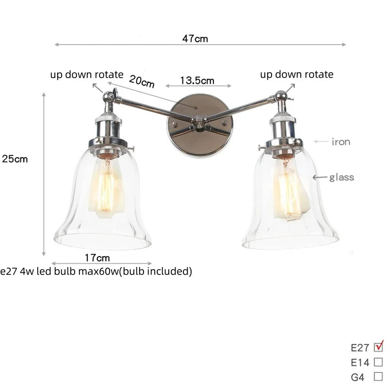 Afralia™ 2 Head LED Wall Lamps Iron Glass Bedroom Stair Light Fixtures