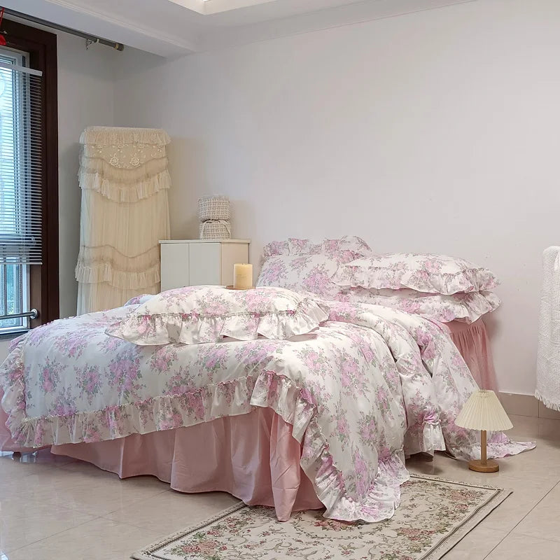 Afralia™ French Rose Flowers Print Lace Ruffles Cotton Bedding Set - Duvet, Bed Skirt, Sheets & Pillowcases