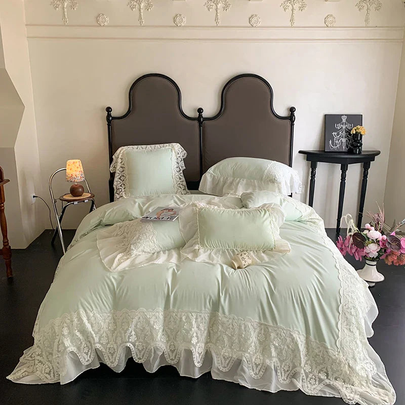 Afralia™ Romance Lace Ruffles Bedding Set 4Pcs, 200x230cm, Princess Wedding Theme