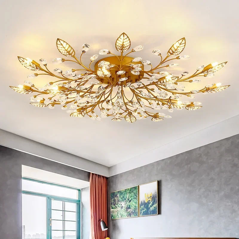 Afralia™ Modern Black Gold Leaves Crystal LED Ceiling Lamp for Living Room Bedroom