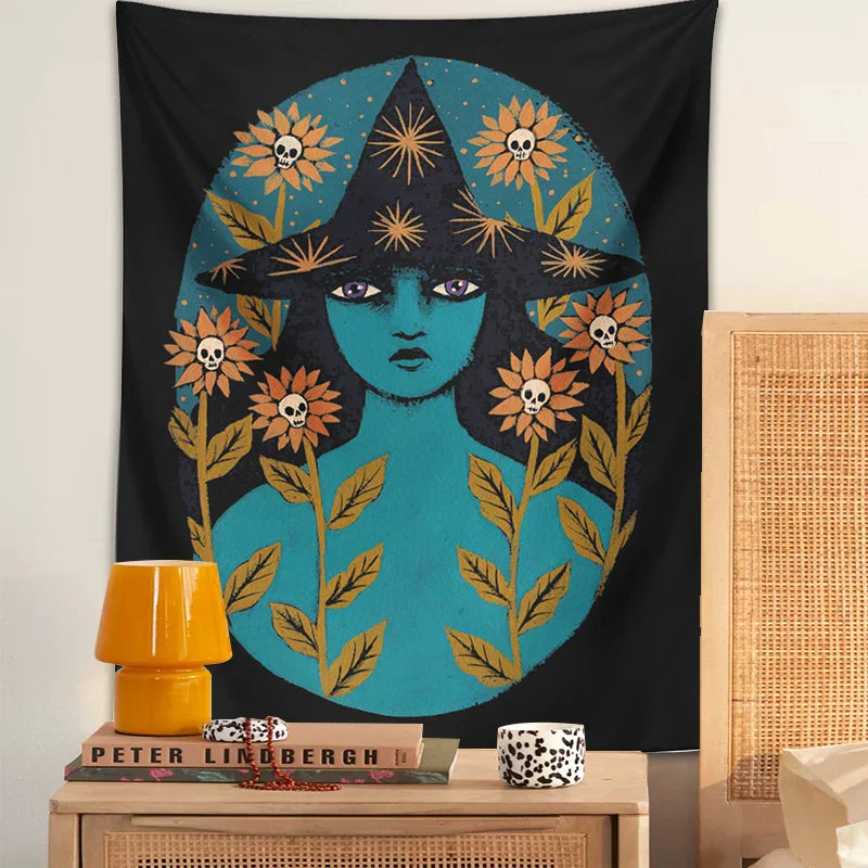 Afralia™ Blue Witches Botanical Tapestry Wall Hanging for Home Room Decor and Aesthetic Magic