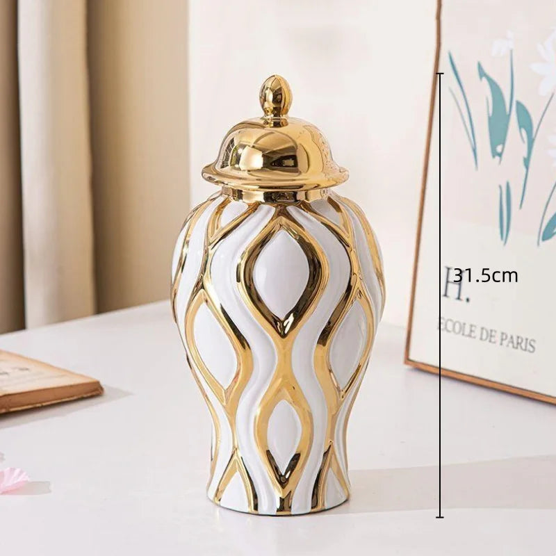 Afralia™ Geometric Pattern Golden Porcelain Ginger Jar Vase - Home Decoration Ceramic Craft Ornament