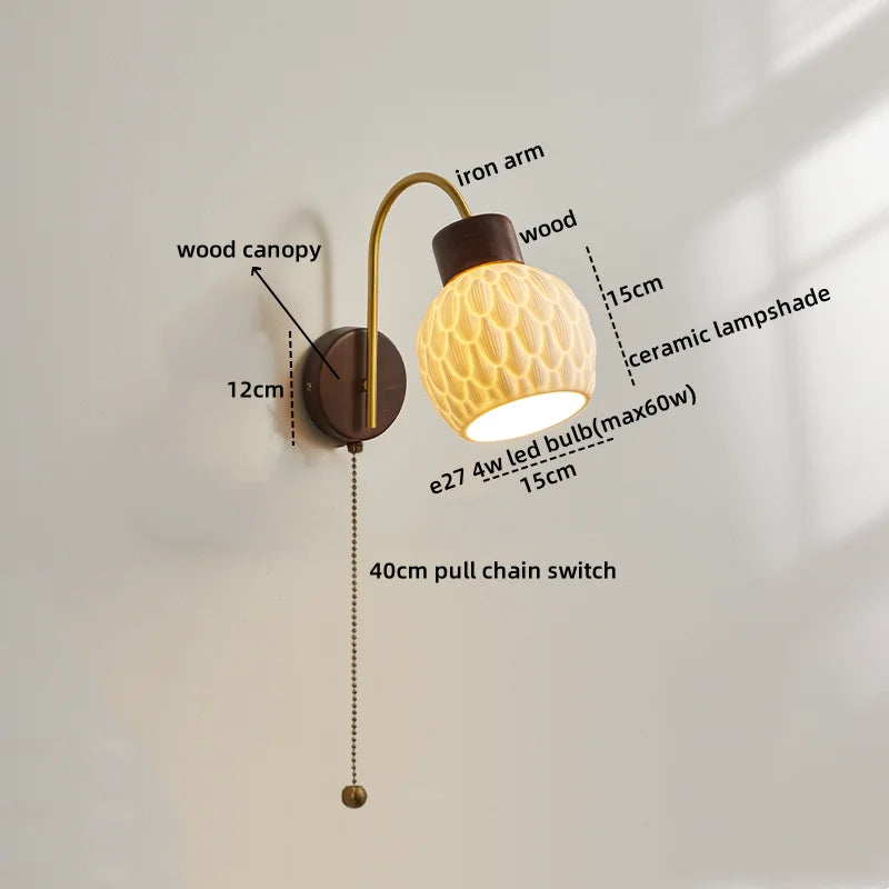 Afralia™ Ceramic Wood LED Wall Sconce Pull Chain Switch for Living Room Bedroom Hallway