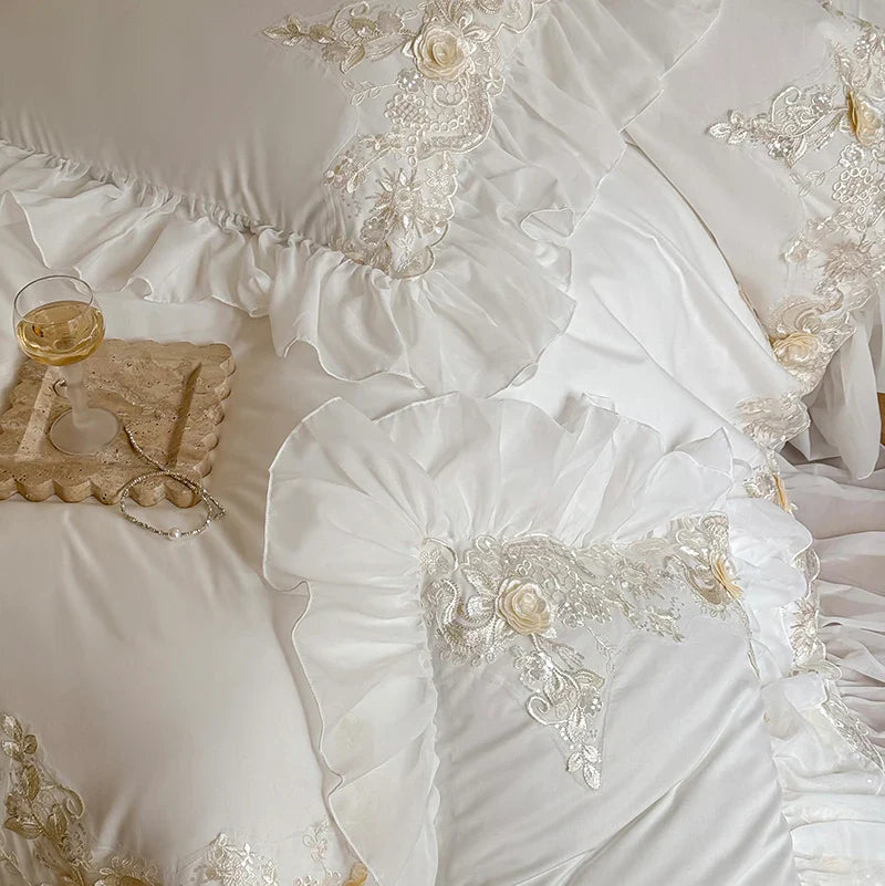 Afralia™ French Rose Flowers Lace Wedding Bedding Set with Ruffles