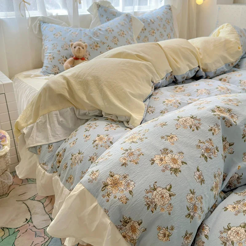 Afralia™ French Washed Cotton Princess Flower Quilt Cover Set - Spring Floral Bedding