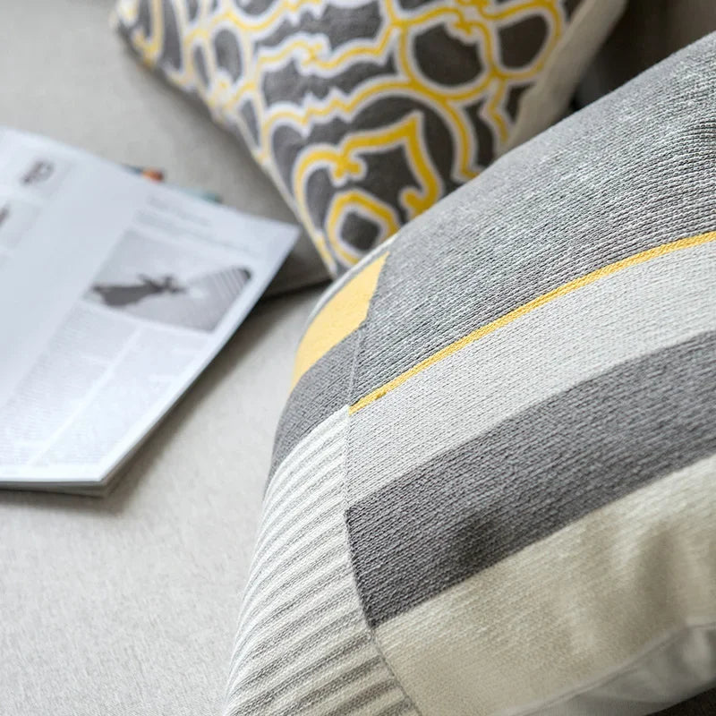 Afralia™ Geometric Canvas Cotton Cushion Cover - Yellow Grey/White Embroidery Square Pillow Cover