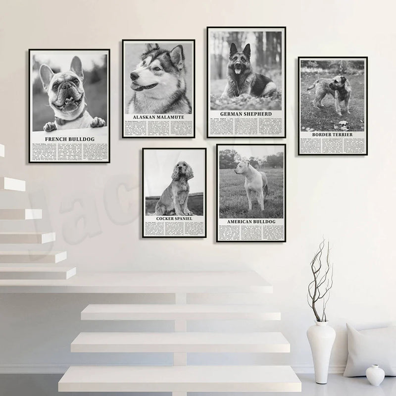 Afralia™ Black & White Dog Breeds Poster: Greyhound, Cocker Spaniel, Akita, Malamute, Cattle Dog