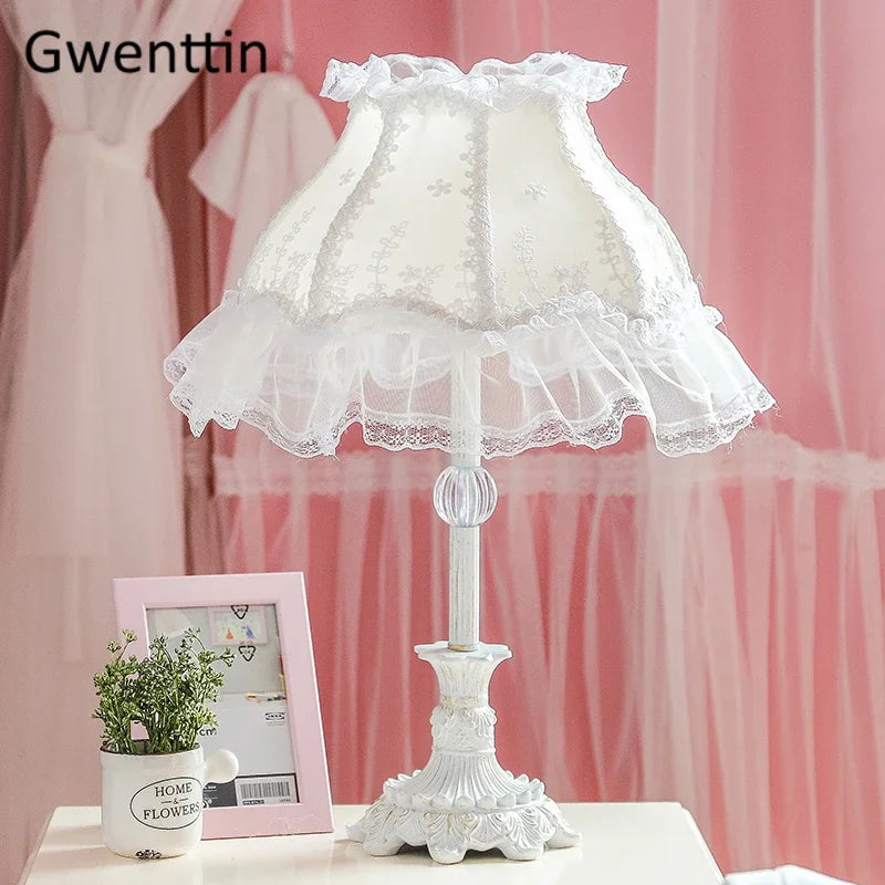 Afralia™ Pink Lace Fabric Table Lamp with LED Light for Bedroom Princess Decor