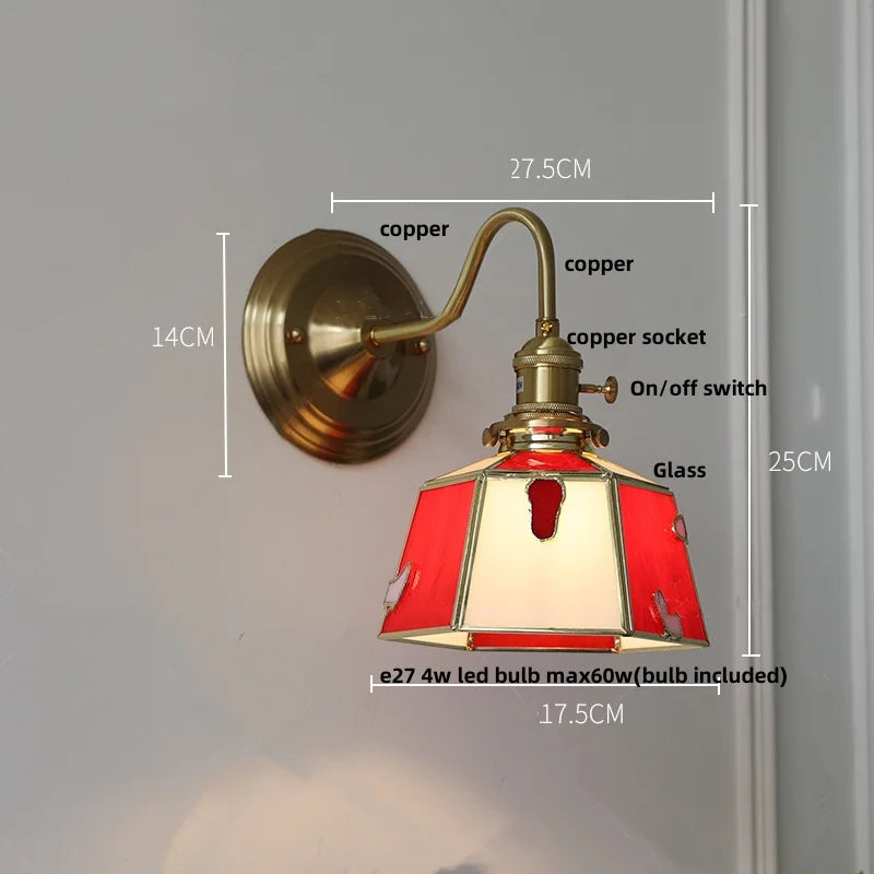 Afralia™ Green Glass LED Wall Sconce Copper Knob Switch Vintage Loft Stair Light
