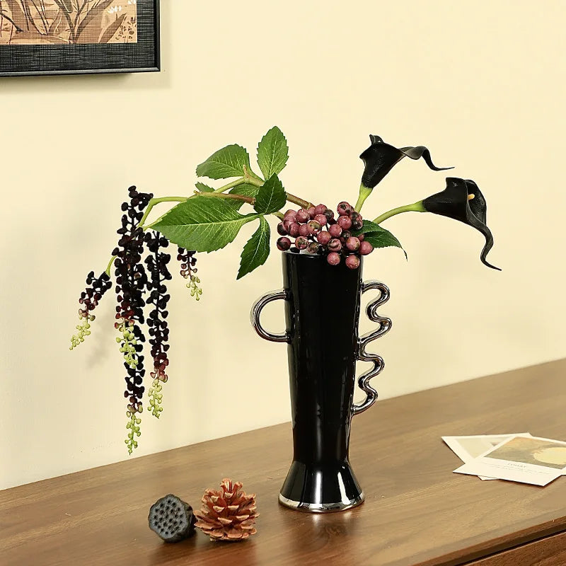 Afralia™ Ceramic Geometric Fringe Vase with Wavy Handle - Home Décor Handicraft