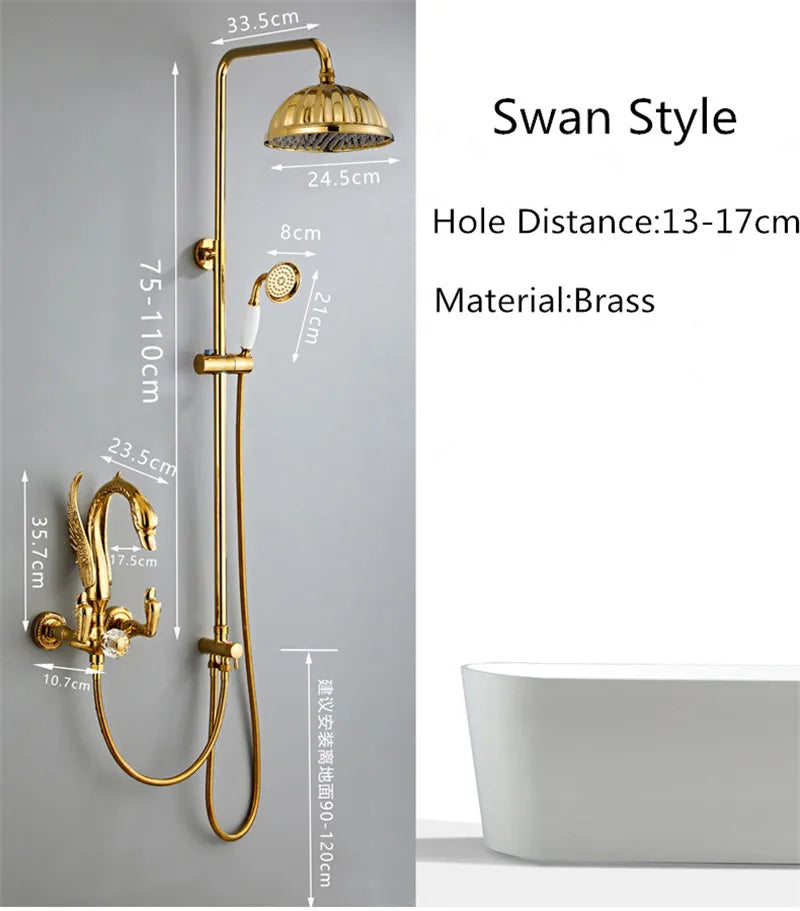 Afralia™ Swan Gold Bathroom Shower Faucet Set with Rainfall Mixer Tap